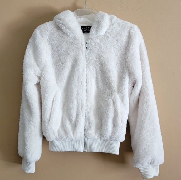 LOVE TREE White Teddy Coat hoddie front zipper with pockets SMALL - Picture 1 of 10